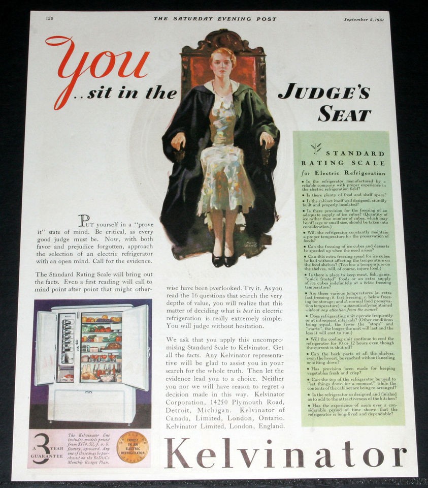 1931 OLD MAGAZINE PRINT AD, KELVINATOR REFRIGERATOR, SIDE BY SIDE 