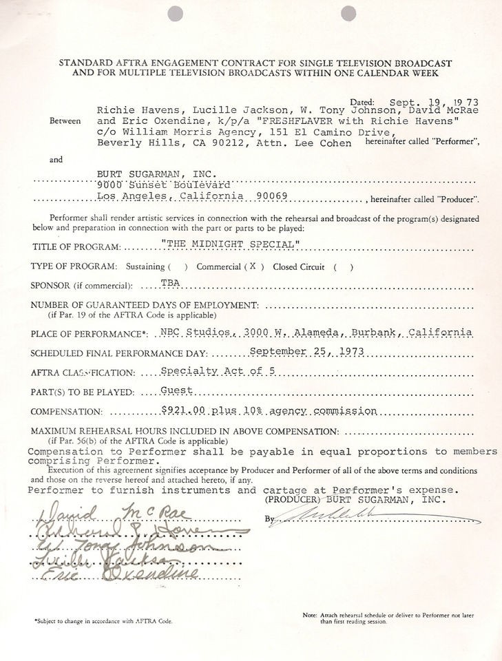 RICHIE HAVENS & FRESHFLAVER Signed Autograph Document 1973 Signed by 