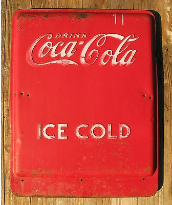 vintage COCA COLA METAL ADVERTISING SIGN COOLER SIDE embossed gas 