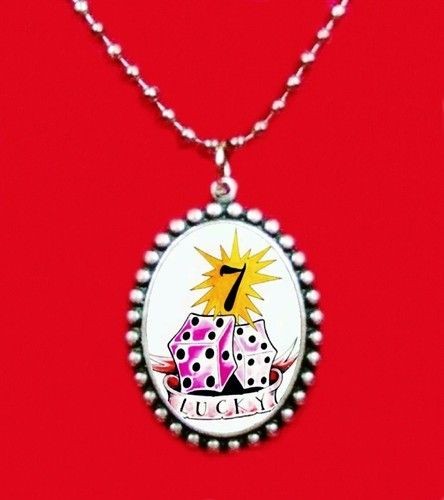 LUCKY 7 SEVEN DICE TATTOO FLASH CASINO PENDANT NECKLACE