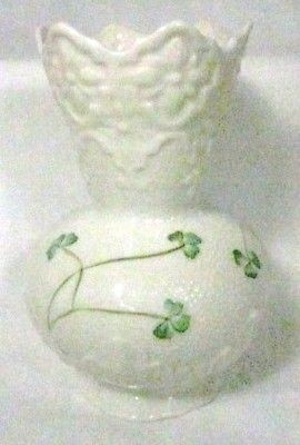 LOVELY BELLEEK VASE IRELAND DONEGAL PATTERN SHAMROCKS 6 INCHES TALL