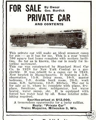 1959 PRIVATE Train Car for Sale AD~vintage RR