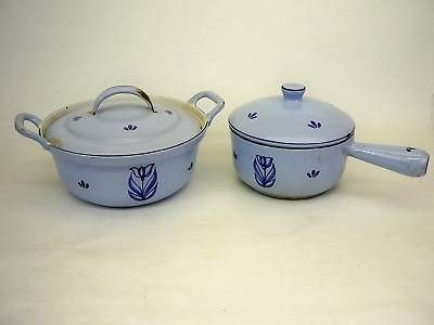 VTG DRU ENAMELWARE HOLLAND POTS PORCELAIN GLAZED BLUE 1940s HEARTHWARE 