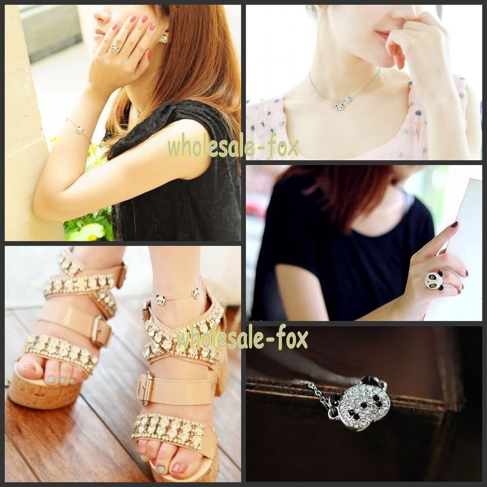 Cute Panda Earrings Bracelet Necklace Ring Angklet Bling Crystal 