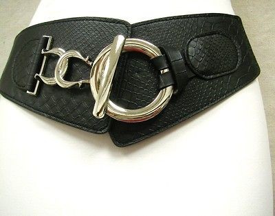 WOMENS BIG SILVER RING BUCKLE FAUX CROC SKIN WIDE BELT BLACK 31 47