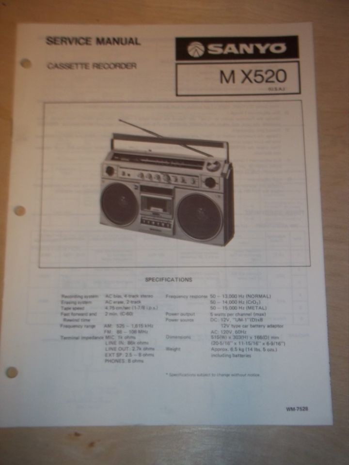 Vtg Sanyo Service Manual~M X520 Recorder/Radio​/Boombox