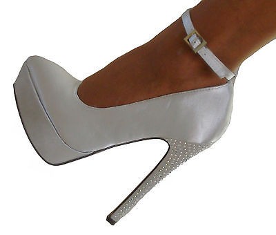 Silver Satin Rhinestone Platform Ankle Strap High Stiletto Heels Pumps 