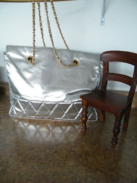 VINTAGE L.J. SIMONE NY LARGE METALLIC SILVER CHAIN STRAPS TOTE SHOPPER