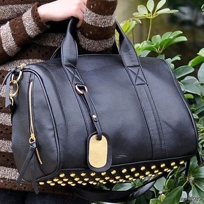 Black Messenger Rivet Tote Womens Satchel PU Leather Shoulder Bag 