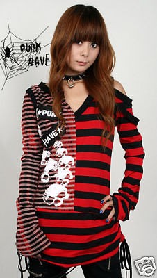 Visual kei Punk rave Rock STRIPED Shirt top skulll printed free 