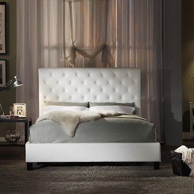Upholstered Queen Size White Faux Leather Platform Bed with Headboard 