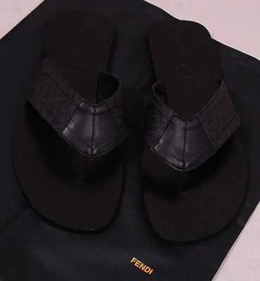 FENDI SHOES $370 BLACK LOGO ZUCCA LEATHER THONG SANDALS 8 41e NEW