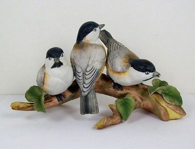 Vintage Black Capped Chickadee Figurine 3 Birds on Branch 8 1/4 Long 