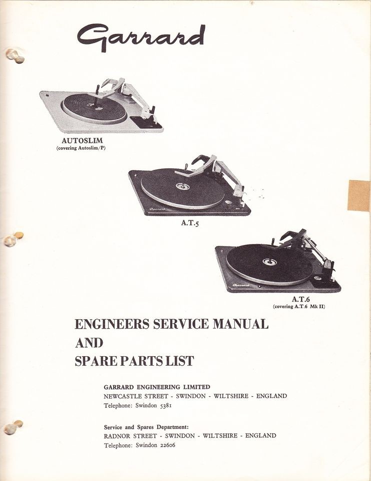 GARRARD SERVICE MANUAL FOR MODEL A.T. 5 MULTIPLE RECORD PLAYER