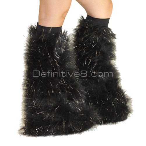 Furry Legwarmers Black Sparkle Fluffy Boots Rave Go Go