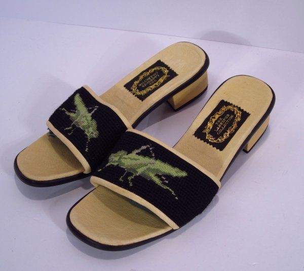 The Larkspur Collection Black Yellow GrassHopper Needlepoint Sandals S 