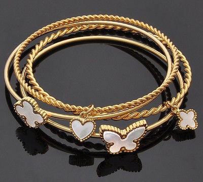   Bracelet Thin Bangle Set Luxury Quatrefoil Clover Charm Gold MOP