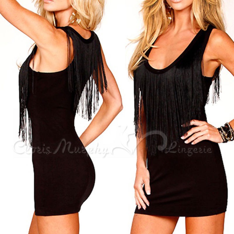 Women Sexy Fringe Tassel Cocktail Dress BD237 BK