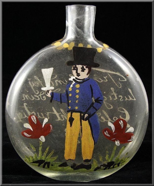 18thC Stiegel Glass Flask w/ Enamel Painted Scenes