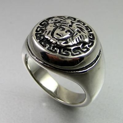   Mens Black Silver Stainless Steel Gorgon Medusa Round Ring Size 10.5