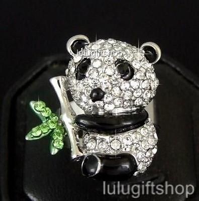 18K WHITE GOLD PLATED LOVELY PANDA AND BAMBOO RING USE SWAROVSKI 