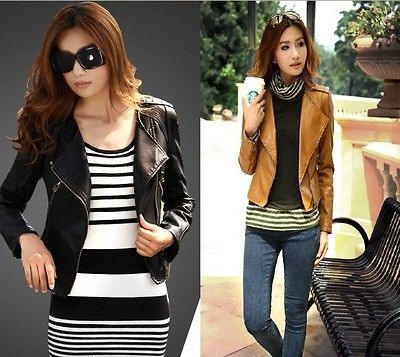 Autumn Women Lapel Slim Faux PU Leather Long Sleeve Epaulet Short 