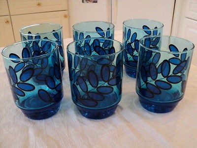 Set of 6 Laser Blue Leaf pattern retro tumblers 4.5 tall post 