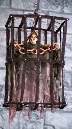   HANGING SHAKING TALKING SKELETON IN CAGE HORROR DECORATION PROP