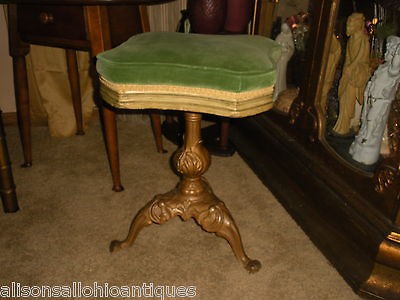 Victorian Green Velvet Piano Stool Iron Base