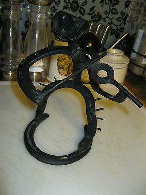 COWBOY HORSESHOE SCULPTURE IRONWORK FIDDLE PLAYING WESTERN ART