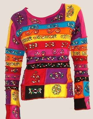 OM Yoga Patchwork Hippie Boho Top Shirt Bell Sleeves Fair Trade Great 