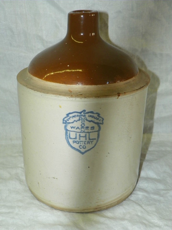   UHL POTTERY BLUE STONEWARE ACORN WARES TAN CROCK JUG HUNTINGBURG IN