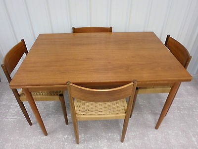 Frem Rojle Teakwood Draw Leaf Table & 4 Rope Chairs Danish Modern 