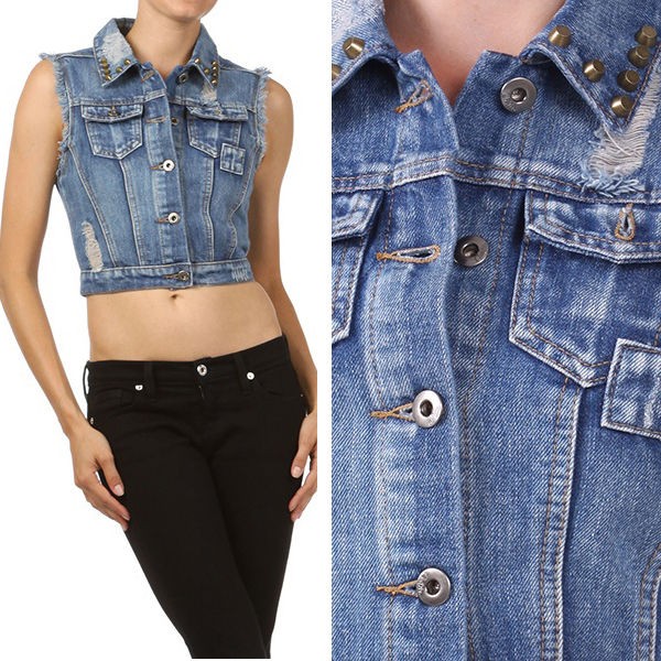 New Vintage Frayed DENIM Moto Vest Studed Applique At Shoulders 