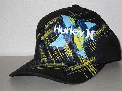 HURLEY ONE AND ONLY QUASAR BLACK BLUE YELLOW FLEX FIT HAT CAP NEW RARE 