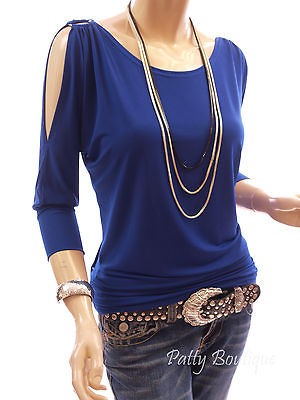 Unique Blue Boat Neck O Ring Cut Out Shoulder 3/4 Sleeve Blouse Top, S