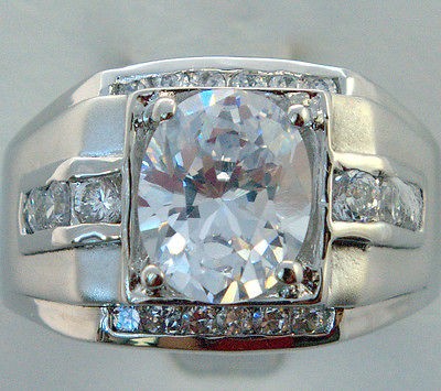 Mens Ring White Sapphire Simulated 6 Carat Oval Stone Platinum overlay 