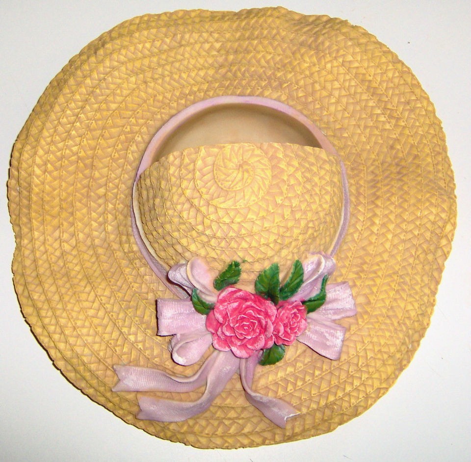 Cast Resin Straw Hat Bird Feeder Roses Ribbon NIB