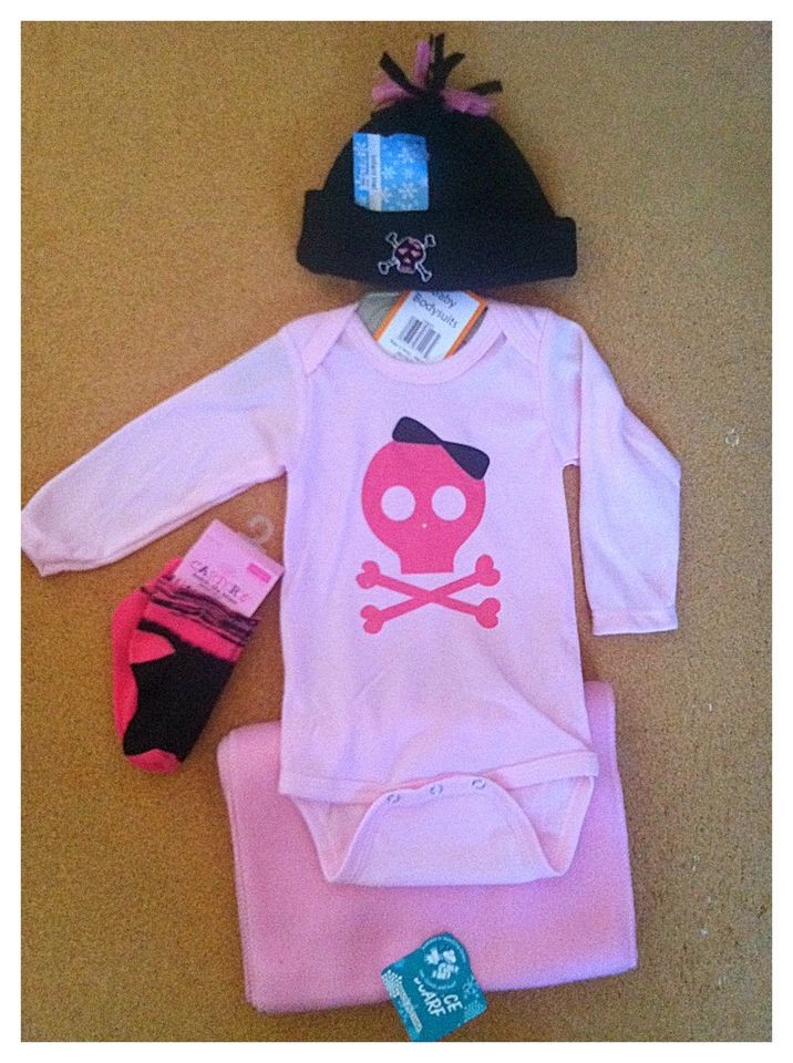 NWT PINK SKULL ONESIE, SKULL HAT & CARTERS SOCKS SZ 6 12M HALLOWEEN 