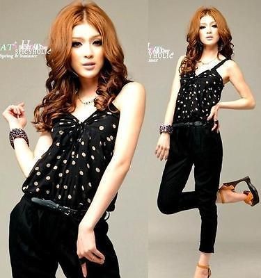   Lolita Cute Dots Chiffon Jumpsuits Rompers Jump Suit Pant Black S M