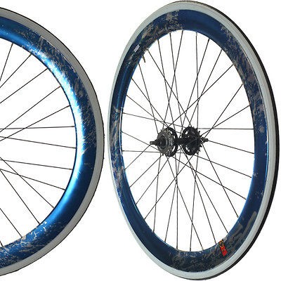 Fixie Single Speed Road Bike Track Wheel Wheelset Deep V + Tyres Blue