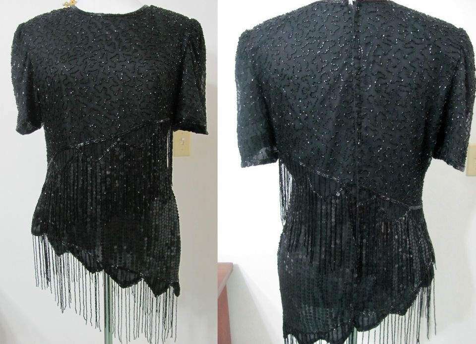 Sz M Black Beaded KAZAR Flapper Fringe Trophy Top~Evening Wear Cruise 