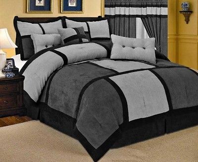   Curtain Set Gray Black Micro Suede Queen Size Bed in a Bag New