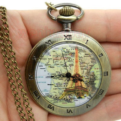 Vintage France Map Bronze Quartz Big Pocket Watch Necklace Chain Gift 