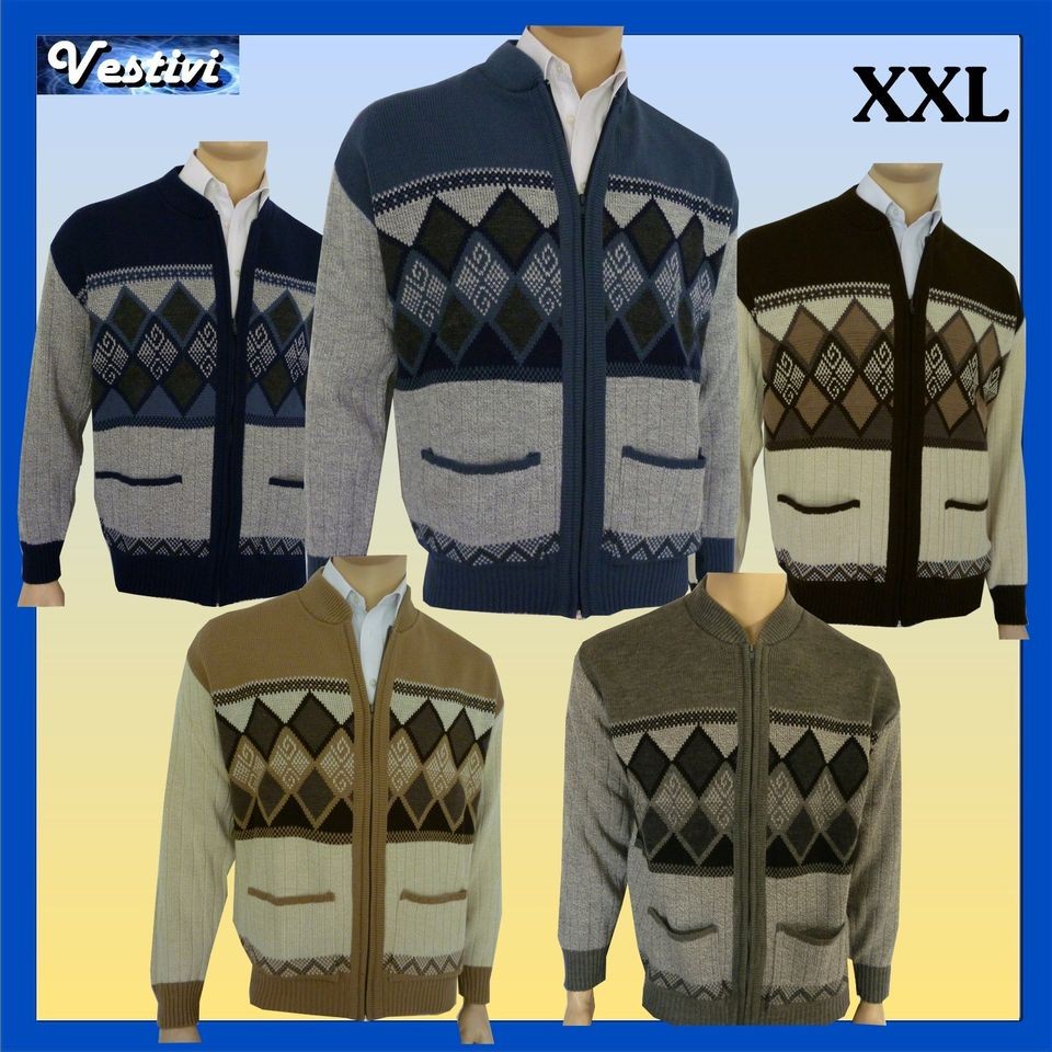 Mens Classic Bellisimo Argyle Diamond Grandad Zip Zipped Cardigan 