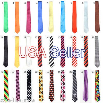 New Mens Neck Tie Skinny Slim Narrow 2 Solid Color Plain Stripe Print 