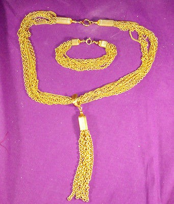   VINTAGE MULTI STRAND NECKLACE/BRACELET DEMI/SET GOLDTONE W/LONG TASSEL