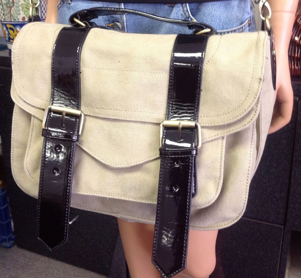 Street Level Beautiful Canvas Khaki Messenger Bag Shiney Black Straps