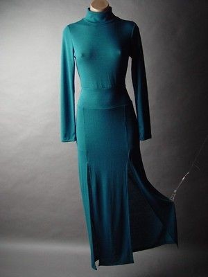   Long Sleeve Double High Slit Split Teal Sweater Knit Maxi fp Dress M