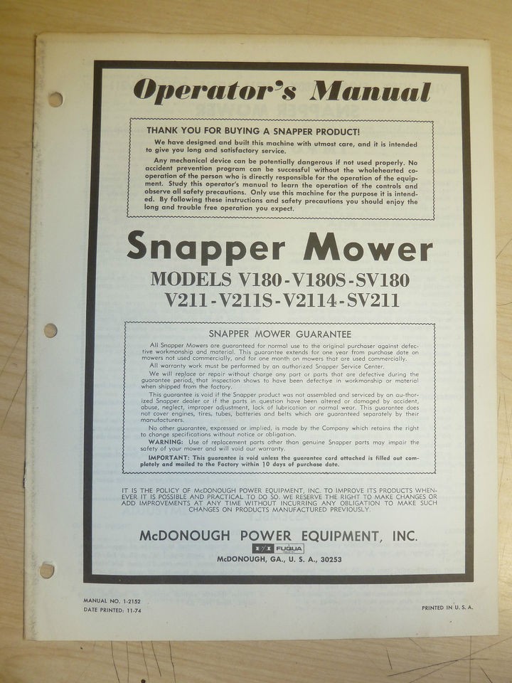 SNAPPER V180 V180S SV180 V211 V211S V2114 SV211 MOWERS PARTS MANUAL 